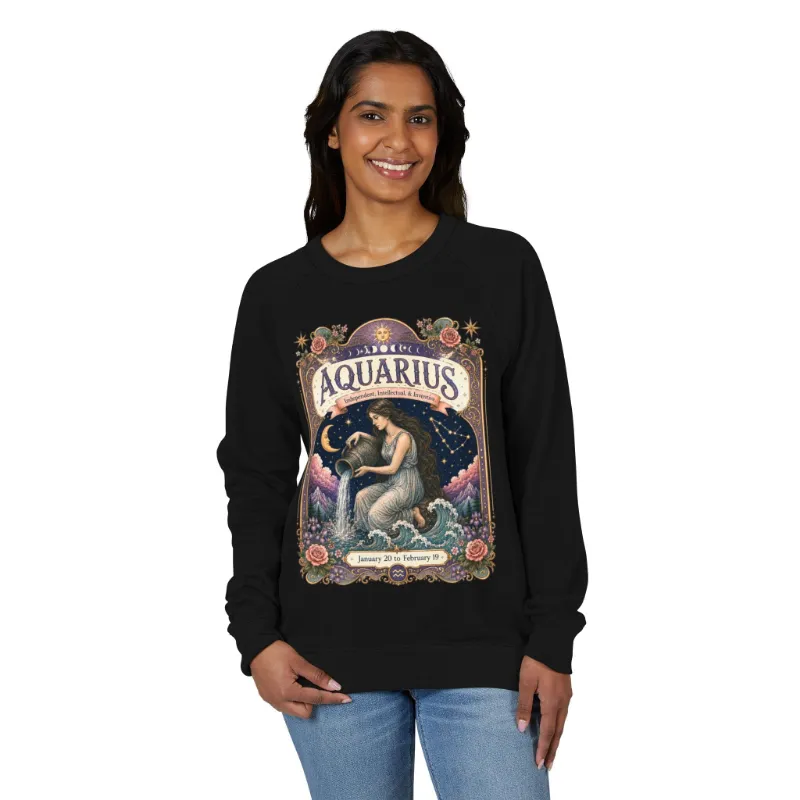 Spirit Nest Aquarius Zodiac Raglan Sweatshirt with ethereal water bearer celestial artwork