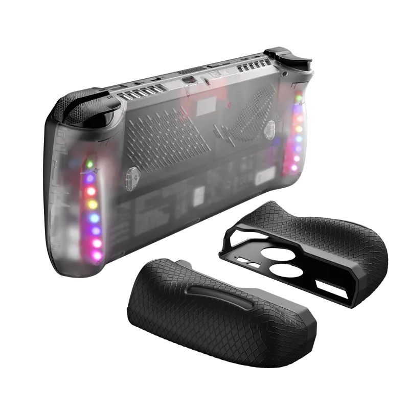 JSAUX RGB Transparent Back Plate for ROG Ally X showing illuminated lighting and clear shell design