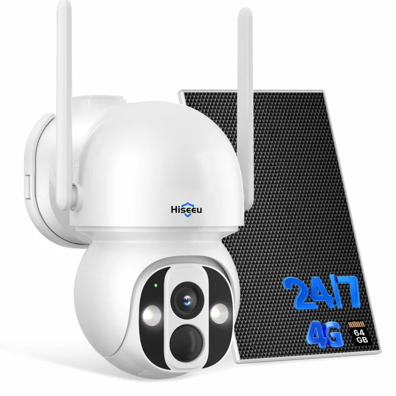 Hiseeu 2K 4MP 360 PTZ solar powered cellular security camera with solar panel on pole