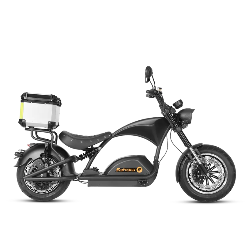 Eahora E-scooter M1PS + Rear Seat + Tailbox - Black chopper scooter with rear seat and tailbox, black finish