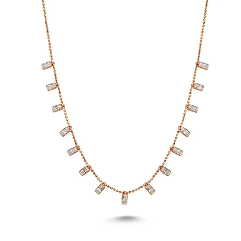 Amorium Jewelry Baguette Silver Necklace Pendant in Rose Gold, close-up of sparkling CZ crystals on rose gold chain