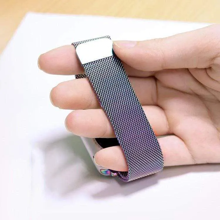 Techypop Metallic Stainless Steel Designer Apple Watch Band, silver metal and leather strap shown flat