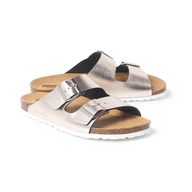 BIANKINA Marbella Vegan Leather Slip On Cork Sandal in Metallic Silver, side view showing two buckle straps