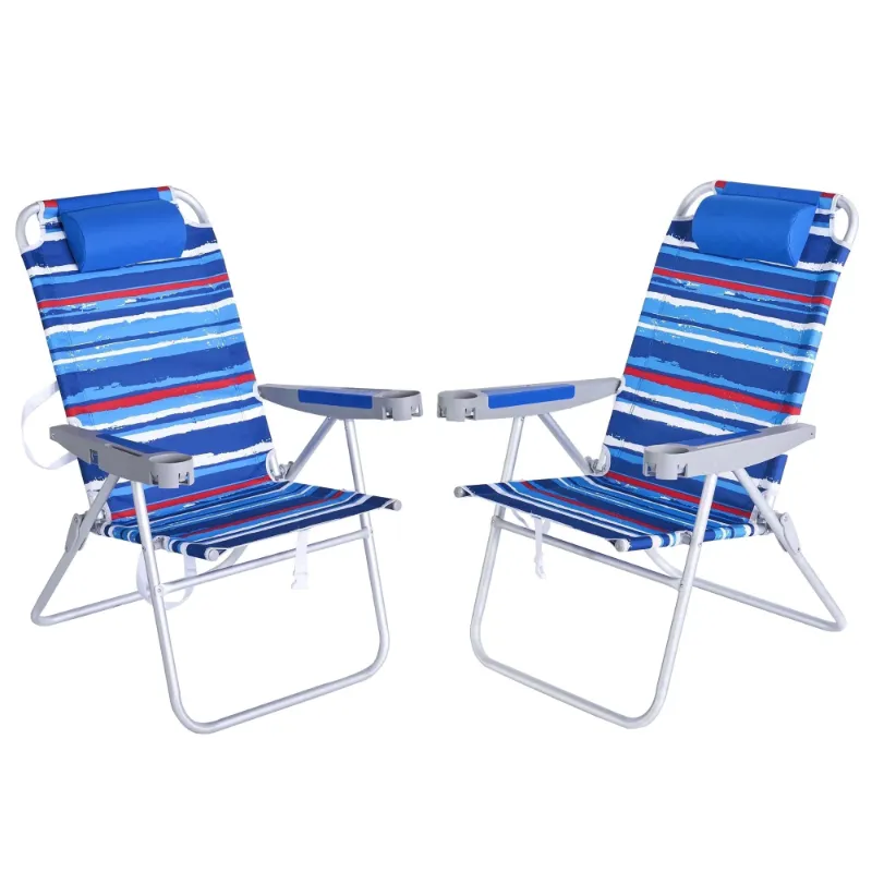SunnyFeel Outdoor 5 Position 500LBS Backpack Beach Chair 2 Pack, lay-flat folding chairs with cup holder and bottle opener