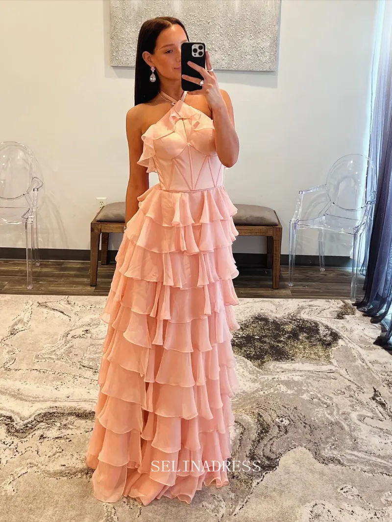 Selinadress A-line Halter Fuchsia Ruffles Long Prom Dress with slit, flowing chiffon gown with tiered ruffles