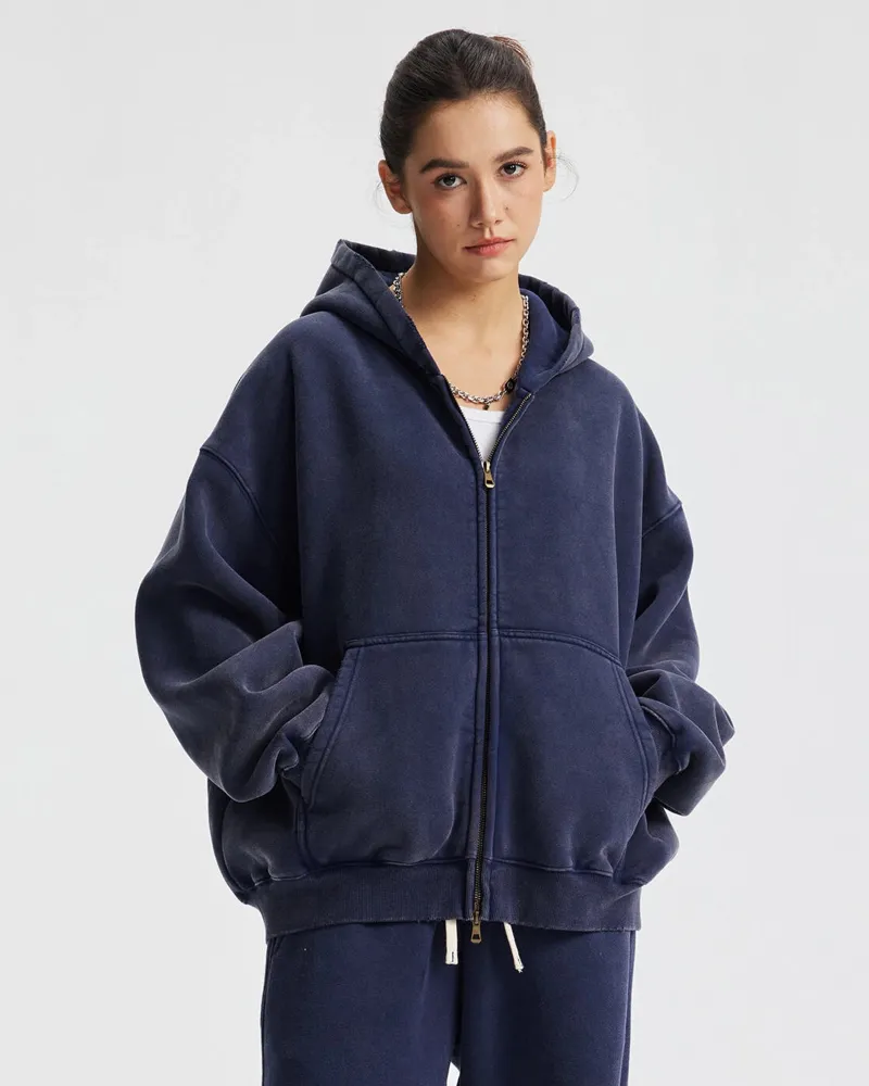 INFLATION Boxy Fit Acid Washed Fleece Zip Up Hoodies with full zipper and side pockets