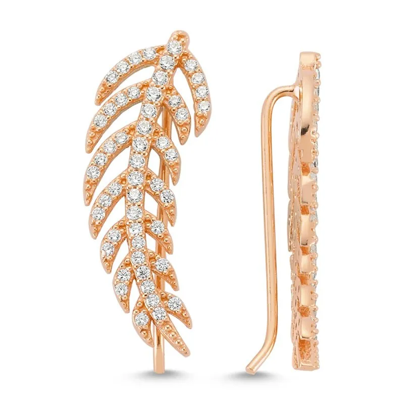 Amorium Jewelry Dainty Silver Feather Ear Cuffs and Climber Earrings, silver pair with feather details on white background