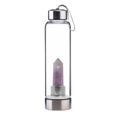 VOLTLIN Amethyst Crystal Point Water Bottle showing a glass bottle with amethyst crystal in the base and neoprene sleeve