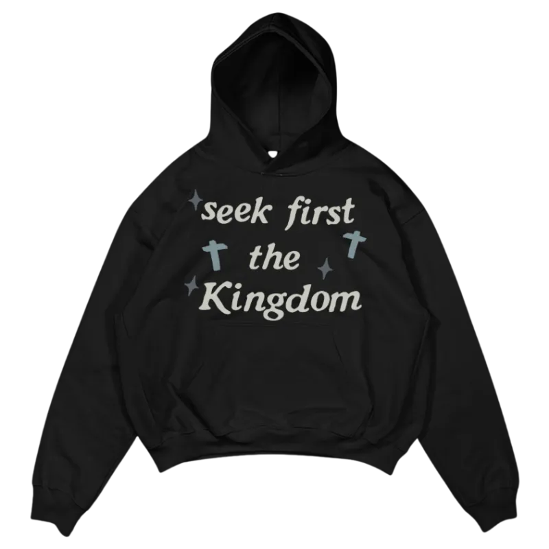 We The Believers Seek First The Kingdom Hoodie with 3D puff print Matthew 6:33 scripture on a relaxed fit cotton hoodie