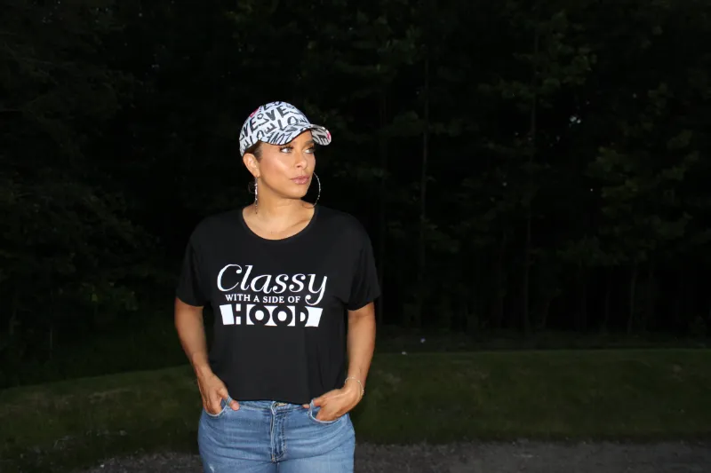 Embellished Classy with a Side of Hood Cropped Tee in black with round neckline and short sleeves