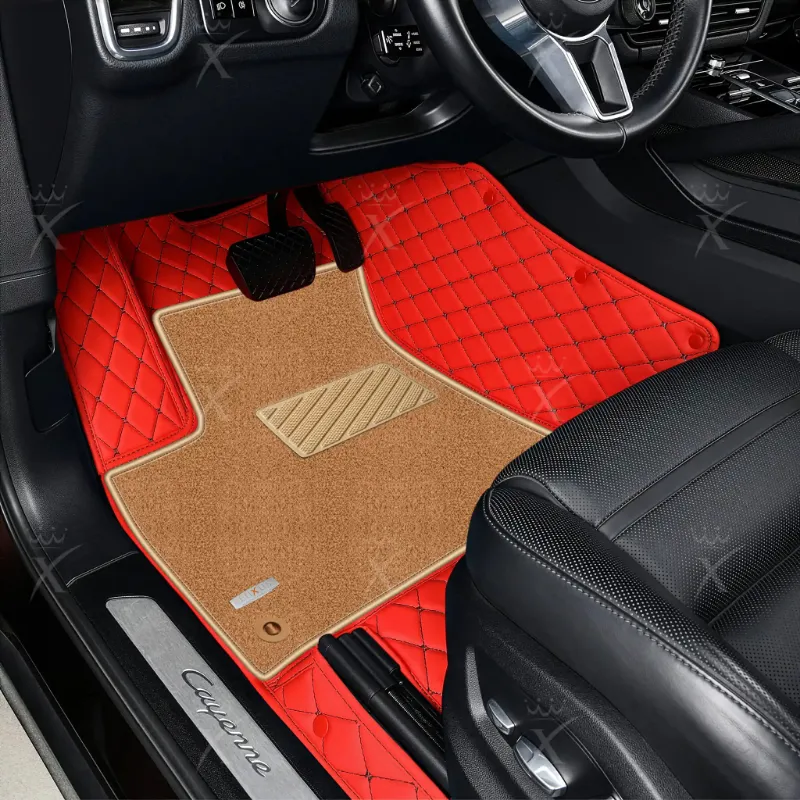 Luxus Car Mats Diamond Double Layer floor mats in Ferrari red with black stitching and beige top carpet