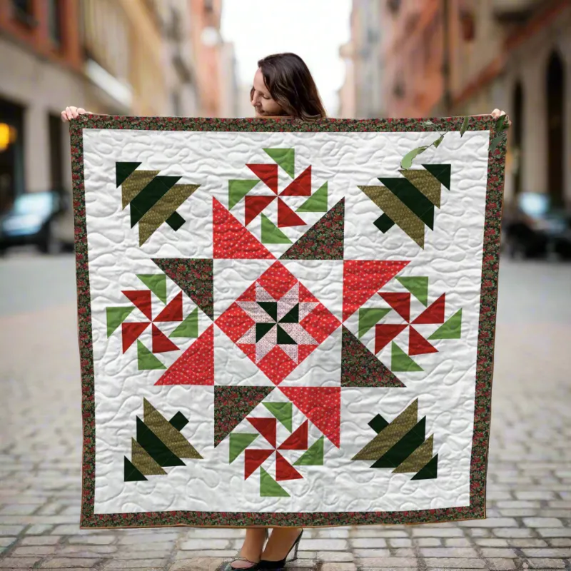 Boho Blanket Christmas Pinwheels Quilt Pattern, a festive pinwheel quilt design shown flat