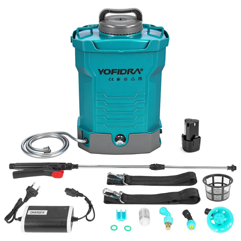 NewBeny 12V 10L Cordless Backpack Sprayer in use, showing battery indicator and spray nozzle
