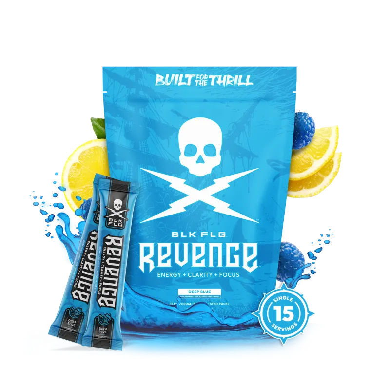 BLK FLG Revenge Energy Sticks shown, single-serve stick packs lined up