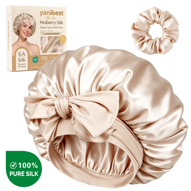 Yanibest 22 Momme 6A Mulberry Silk Bonnet with Tie Band shown in champagne