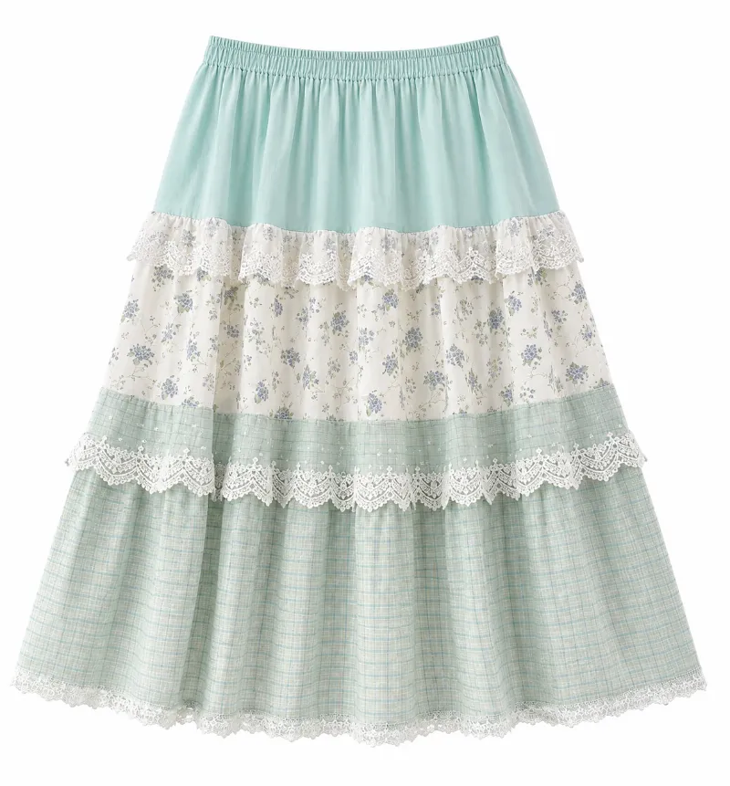 Cottagecore Clothes Blue Cottagecore Lace Patchwork Skirt with decorative lace panel inserts