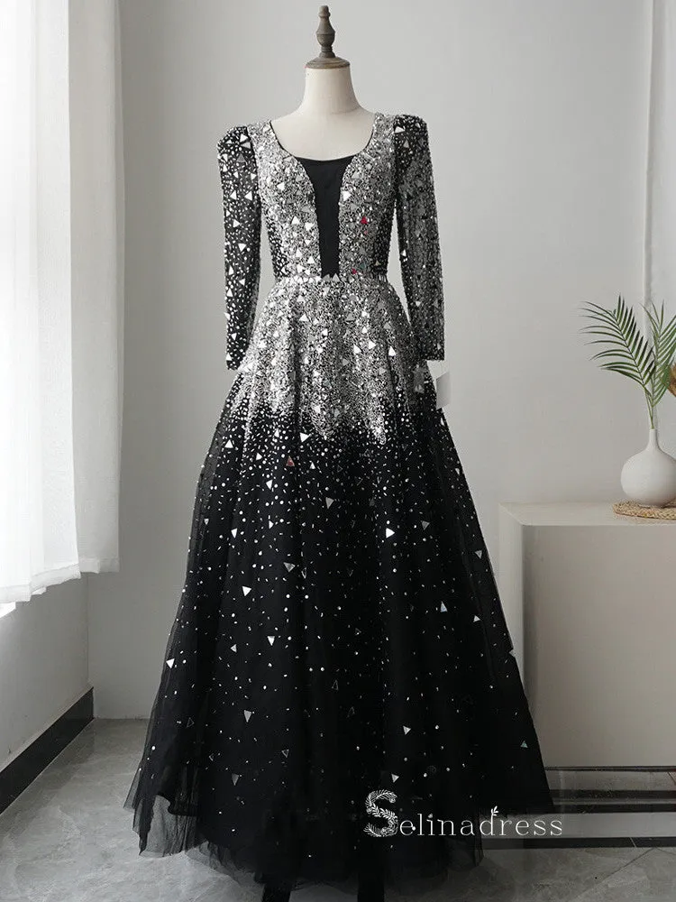 Selinadress A-line Black Scoop Long Sleeve Rhinestone Sparkly Luxury Long Prom Dresses Evening Dresses in black tulle