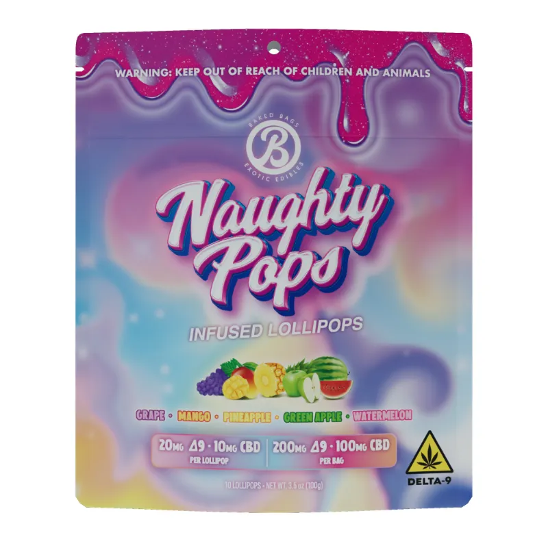 Baked Bags 300mg Naughty Pops lollipops in assorted fruit flavors
