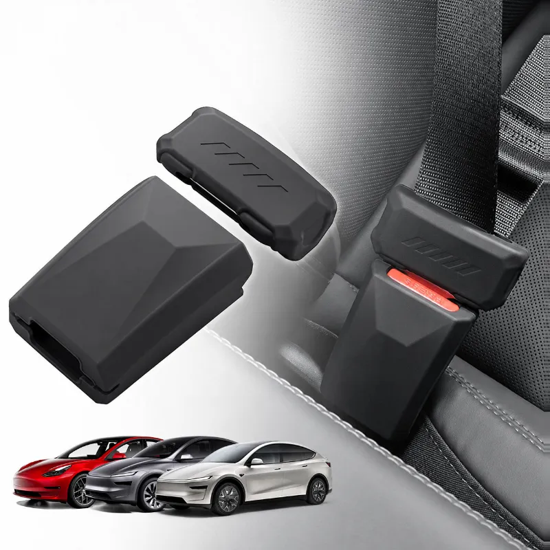 Tesstudio Black Silicone Seat Belt Buckle Protector for Tesla Model 3 Highland Model Y showing full-cover design