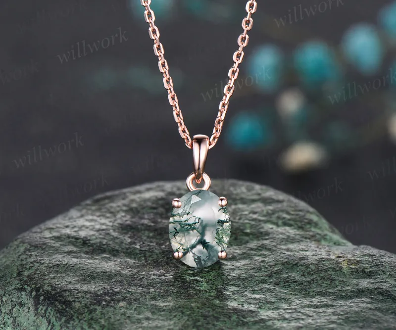 WillWork Jewelry moss agate necklace 14k rose gold oval cut pendant