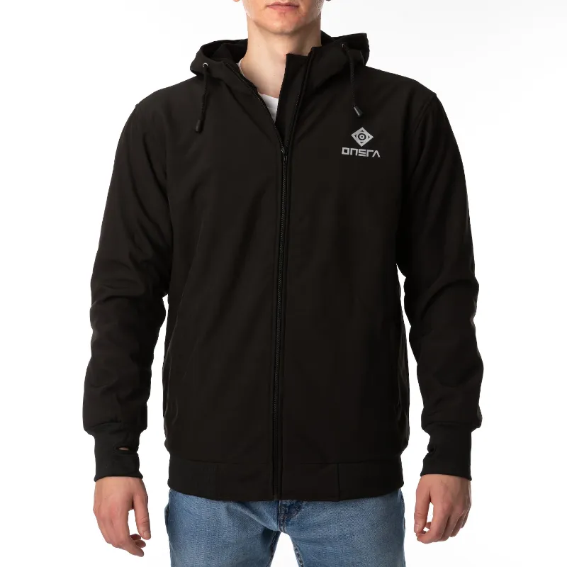 Onsra CH Armored SoftShell Jacket for Skateboarding, a black protective jacket with reflective logo