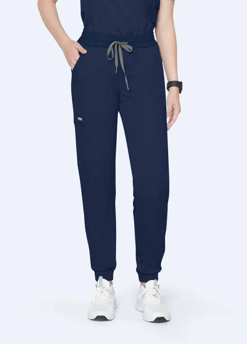 COMENII StyleFlex Jogger Scrub Pant in navy with elastic ankle cuffs and zippered cargo pocket