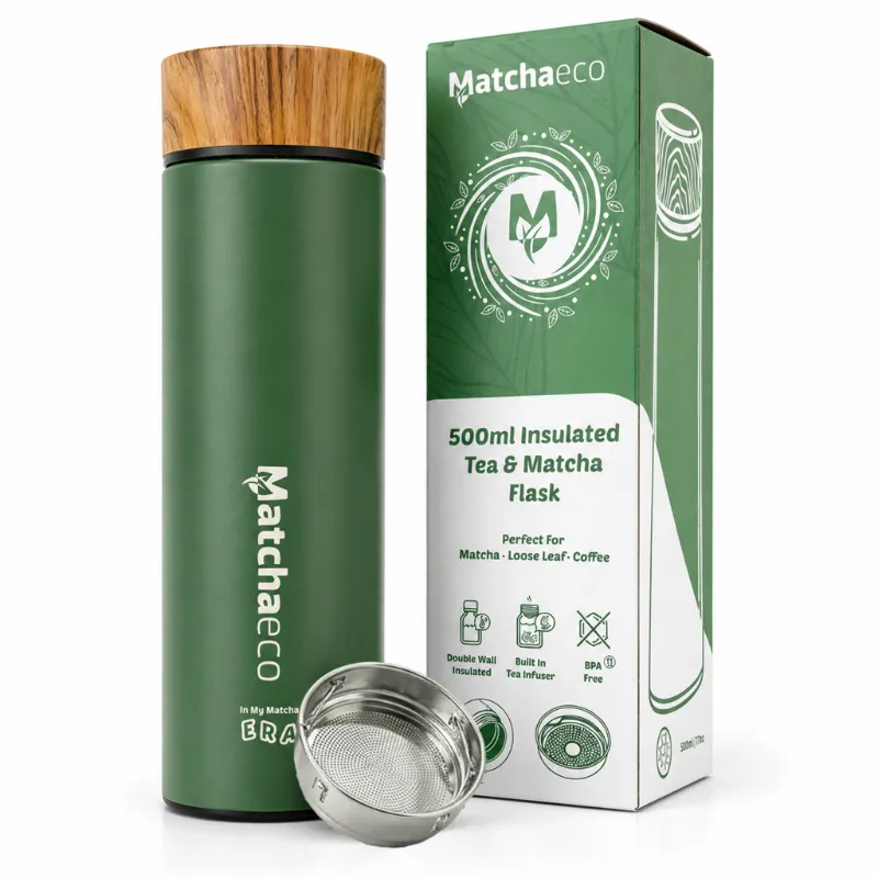 Matchaeco Insulated Matcha Flask 500ml in matte green with engraved logo