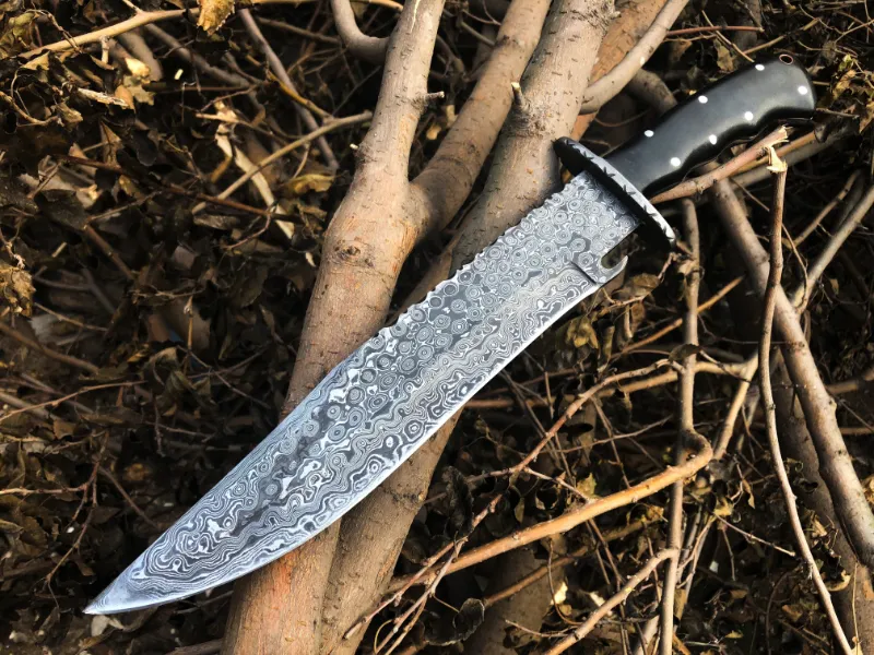 MyHackerTech Best Hunting Big Bowie Knife with Damascus blade and leather sheath displayed