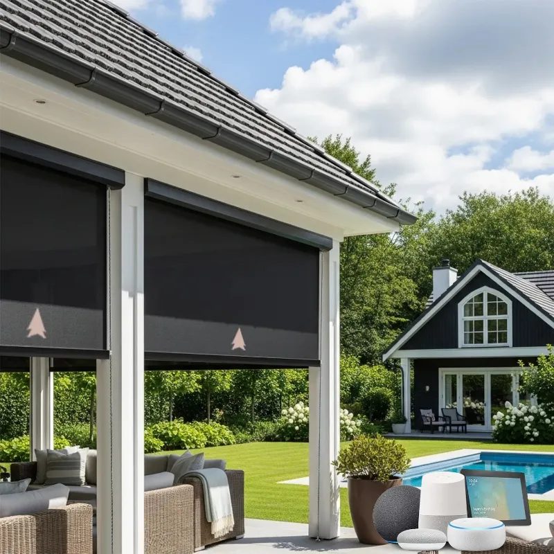 Bringnox Motorized Outdoor Shades 1% Openness installed on a patio blocking sunlight