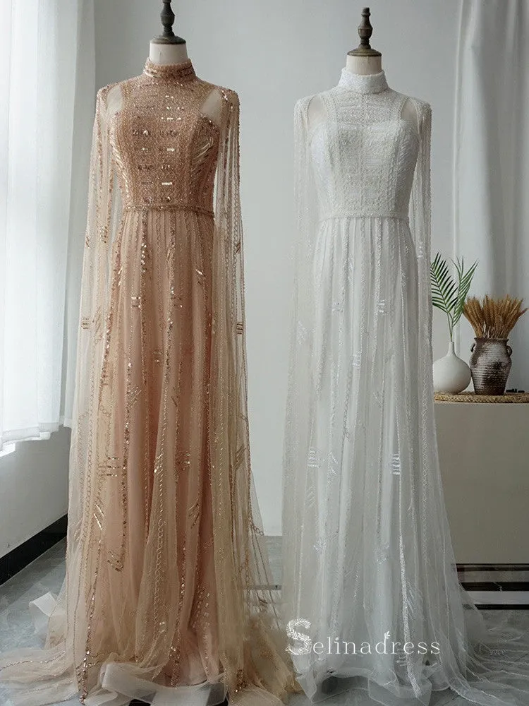 Selinadress A-line High Neck Beaded Luxury Long Prom Dresses Evening Dresses, beaded long sleeve gown