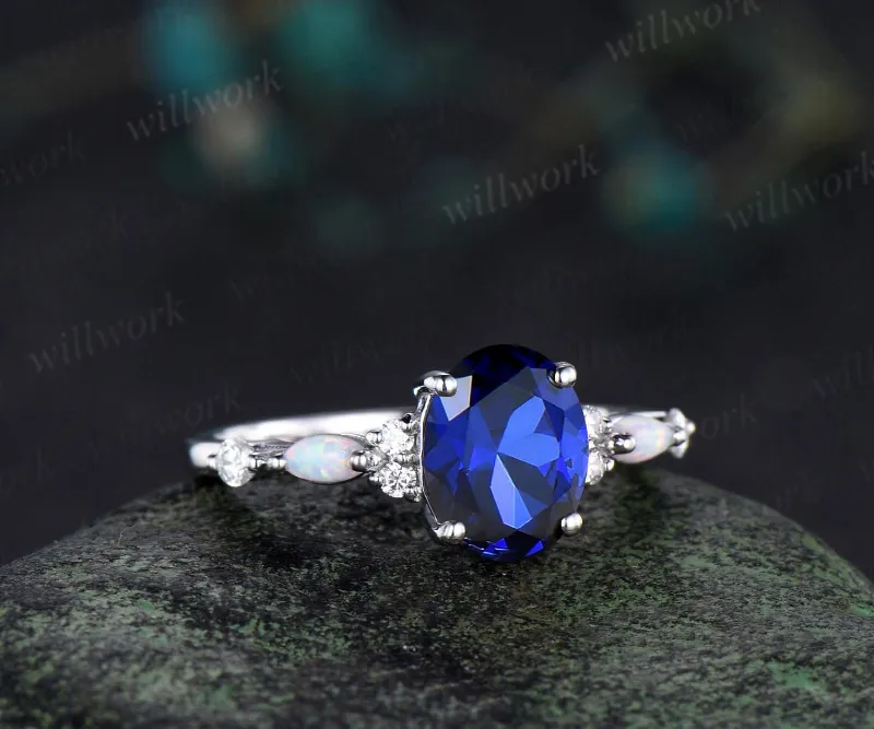 WillWork Jewelry 2ct oval cut blue sapphire engagement ring, white gold with opal diamond accents