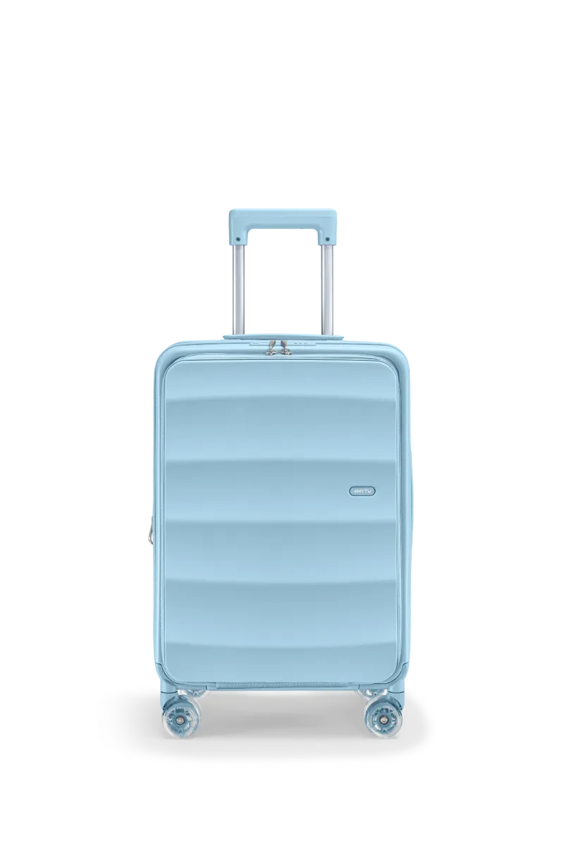 4MYTU Tank Lite Bigger Carry-on in Baby Blue front-opening suitcase with slim handle design