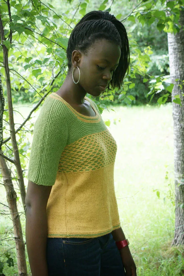 Kristen TenDyke Gardening Tee knitting pattern showing striped short-sleeve top