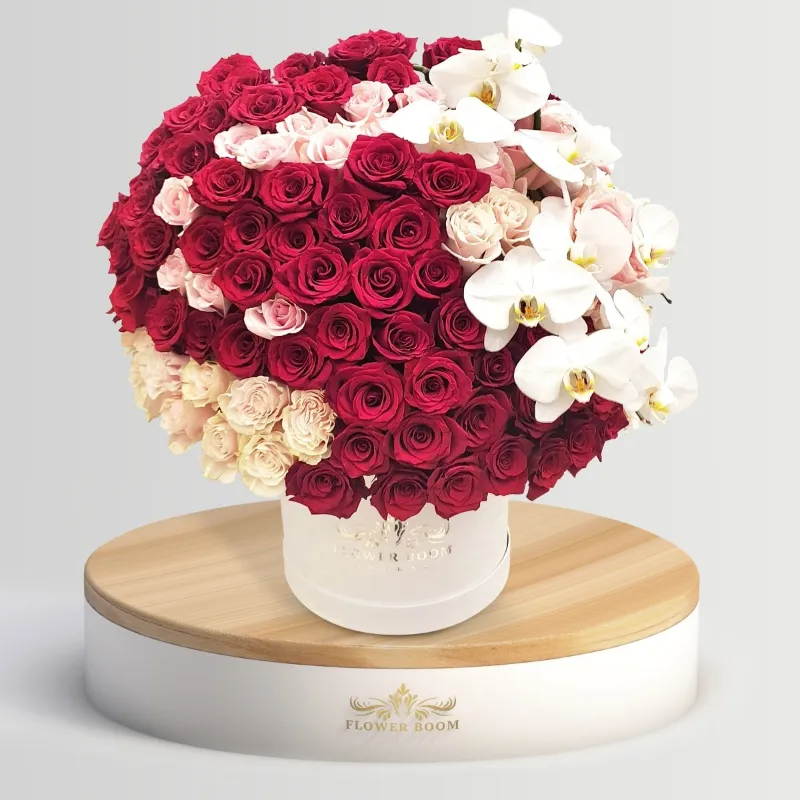 Flower Boom Dallas Mother's Day Gift The Achiever Mom with roses and orchids arrangement