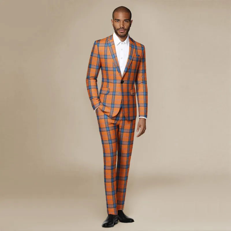 Cloudstyle C4B0124 Series 2-Piece Plaid Suits Checkered Orange