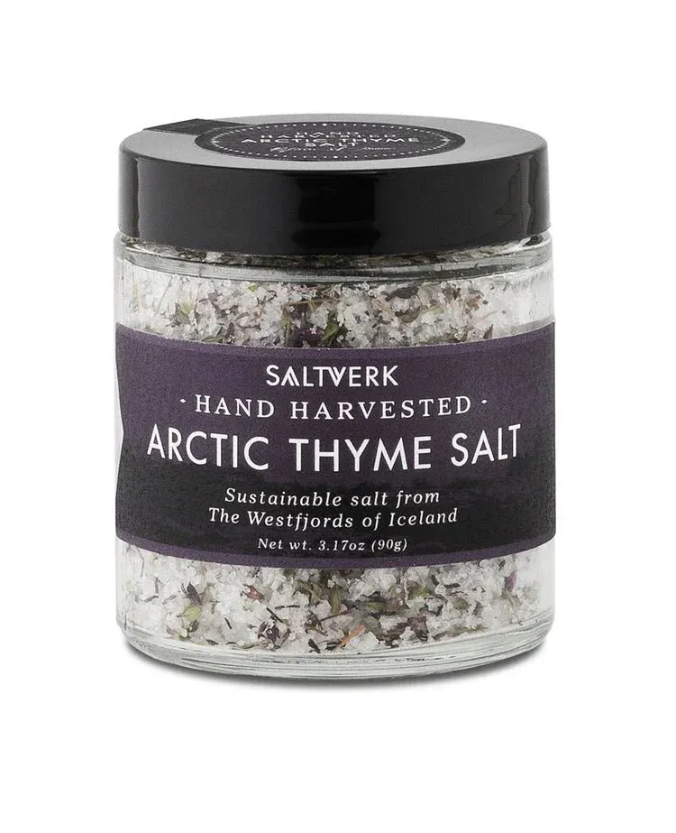 Nammi Arctic Thyme Sea Salt from Iceland 90g glass jar with flake salt