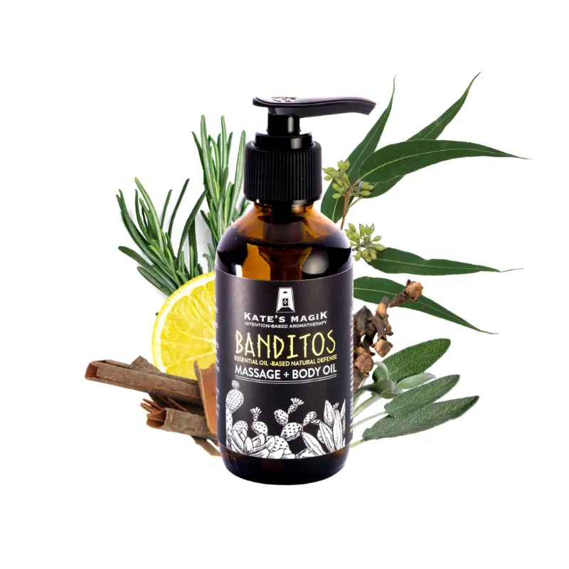 Kates Magik Banditos Bold Protection Daily Defense Massage Body Oil bottle with essential oil blend