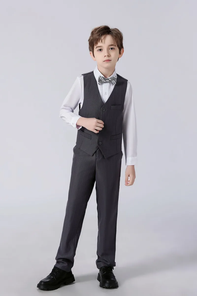 Wehilion Grey Striped Slim Fit Modern 4 Piece Boy's Formal Suits with vest, pants, shirt, and tie