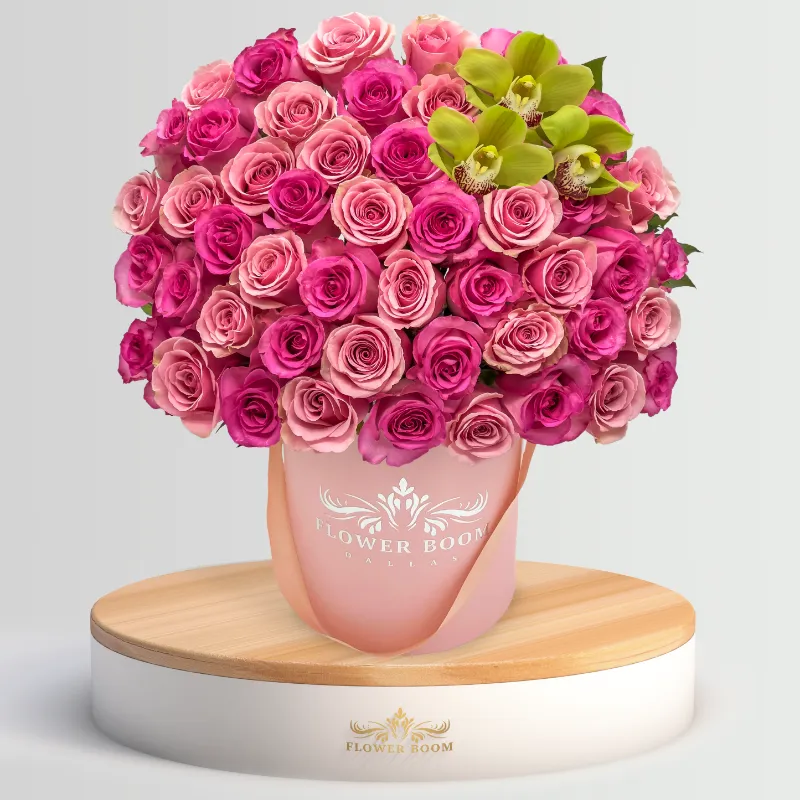 Flower Boom Dallas Cutie Flowers Box with pink roses and green cymbidium orchids in dome shape