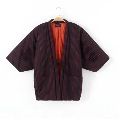 Foxtume Dark Red Quilted Cotton Hanten with red stripes