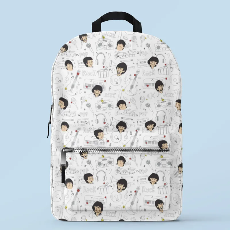 The Banyan Tee US All-Over Print Backpack - The Fab Four Doodle, front view with all-over doodle print design