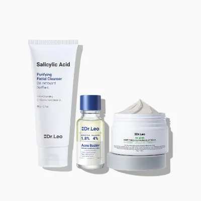 Dr Leo 3-Step Acne Control Routine bundle with cleanser, clay mask, and drying lotion plus