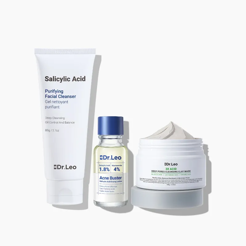 Dr Leo 3-Step Acne Control Routine bundle with cleanser, clay mask, and drying lotion plus