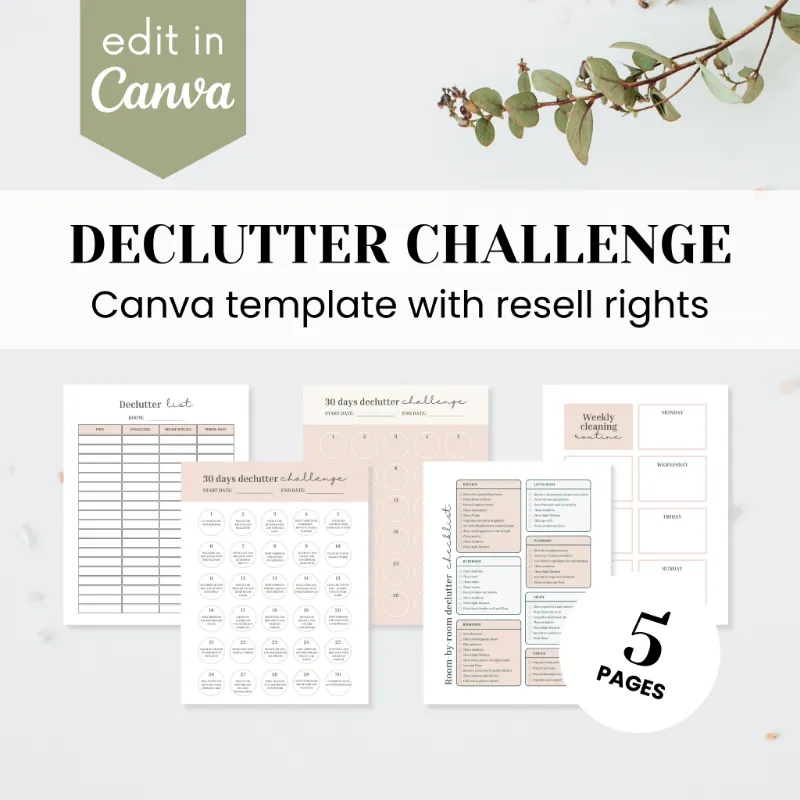 Purpose PLR Declutter Challenge Template showing editable daily challenge pages
