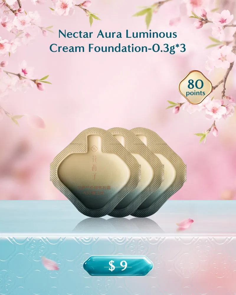 Florasis Nectar Aura Luminous Cream Foundation tester, three small sample containers