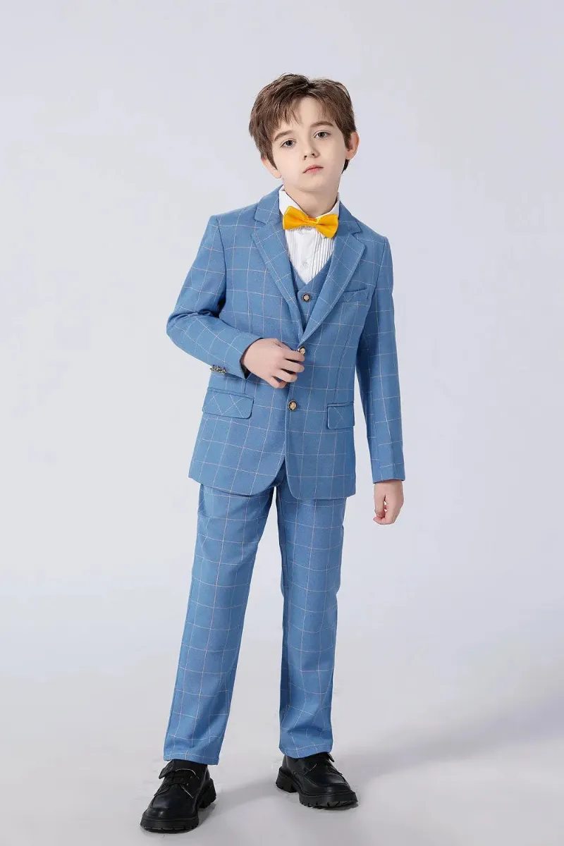 Wehilion Light Blue Plaid Boys Suit 5 Piece set with jacket, vest, pants, shirt, and bow tie