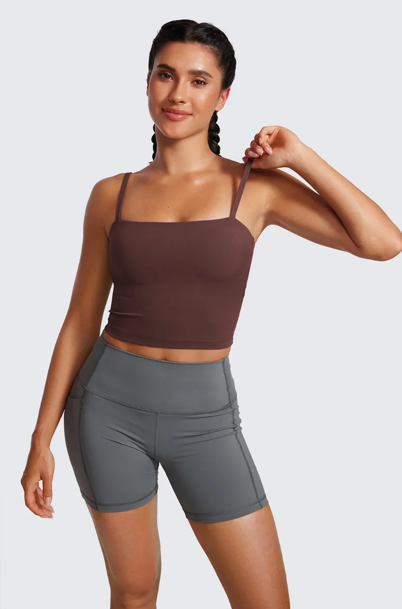 Essenther Global Adjustable Longline Sports Bra in cropped camisole style with adjustable spaghetti straps