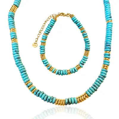 DORSYA Maldives Necklace and Bracelet Set with turquoise gemstone beads and gold hardware