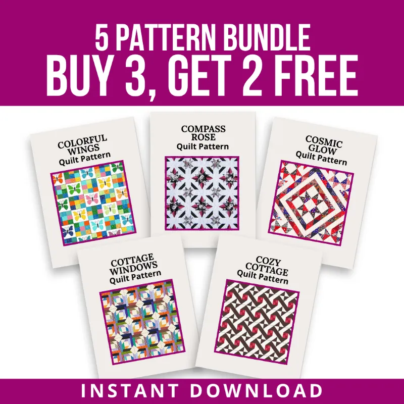 Boho Blanket Come Home bundle, five cozy cottage and cosmic quilt patterns shown together