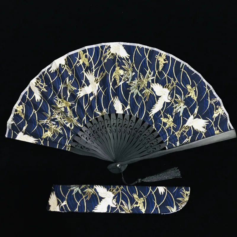 Foxtume Japanese Folding Fan White Cranes, an open cotton fan featuring multiple flying white cranes